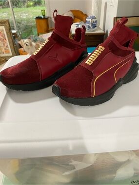 Puma Burgundy and Gold Slip-On Athletic Sneakers